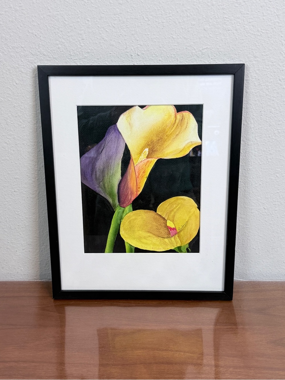 Yellow Calla Lily Watercolor Painting Framed 12x15 Signed Rwlanger